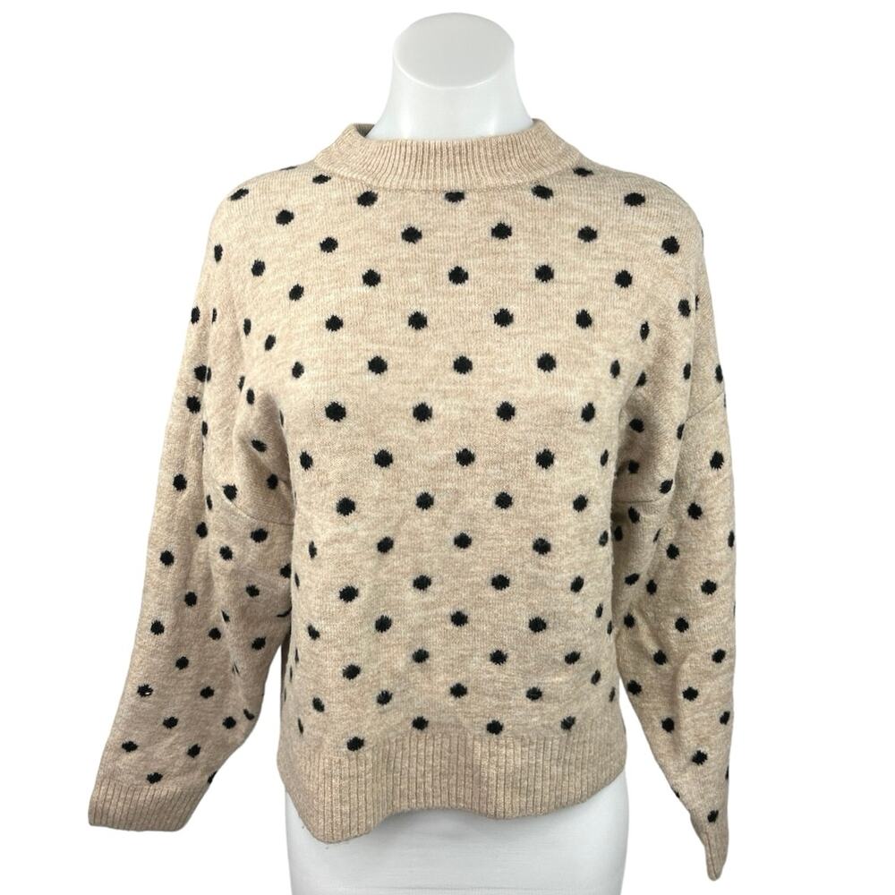 NEW H&M Beige Polka Dot Wool Mock Neck Oversized Pullover Sweater Top Size M
